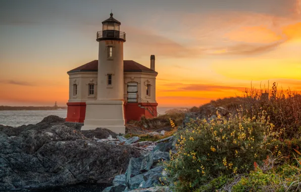 Picture landscape, sunset, nature, river, stones, vegetation, lighthouse, Oregon, USA, Coquille River