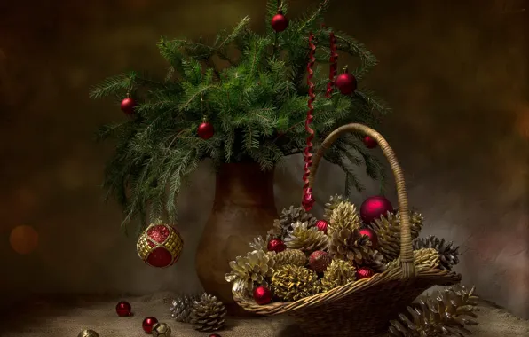 Picture balls, branches, holiday, balls, new year, spruce, fabric, vase, still life, basket, serpentine, bumps, burlap, …