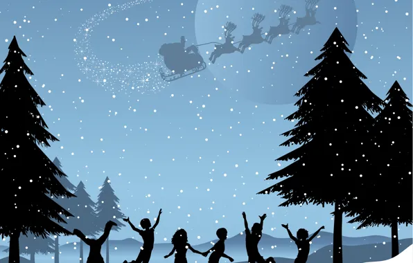 Picture Winter, Night, Snow, Children, Christmas, New year, Santa Claus, Deer, Tree, Joy, Bag, Sleigh, Vector …