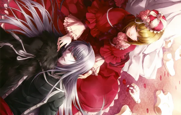 Picture crown, red dress, rose petals, puppet, visual novel, will o`wisp, ignis, hanna ellington, long white …