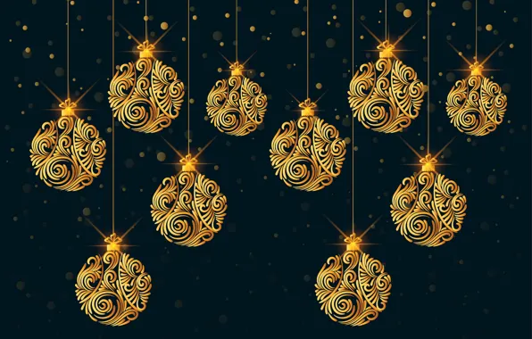 Picture decoration, background, gold, Christmas, New year, golden, christmas, black background, new year, happy, balls, background, …