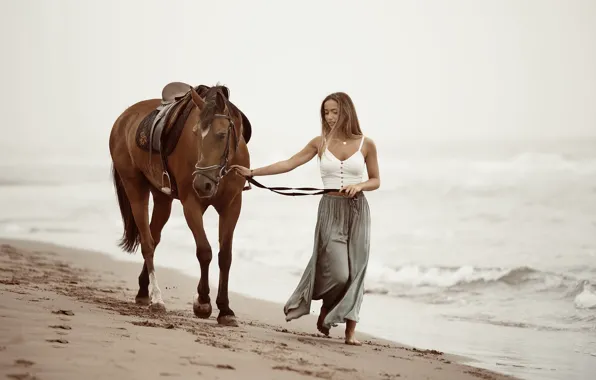 Picture sea, girl, horse, shore