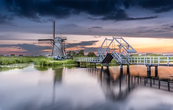 Picture water, landscape, bridge, nature, village, mill, Netherlands, Kinderdijk