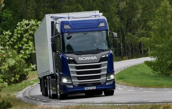 Picture road, blue, Scania, tractor, triaxial, the trailer, 2019, R-series, R540