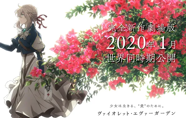 Picture letter, characters, art, in profile, red flowers, garden flowers, Violet Evergarden, violet evergarden, Akiko Takase