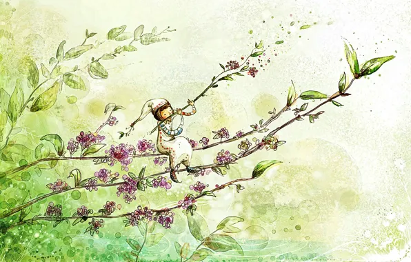 Picture greens, flowers, mood, plant, tale, spring, morning, art, picture, the watercolor drawing, spring fantasy, melody …