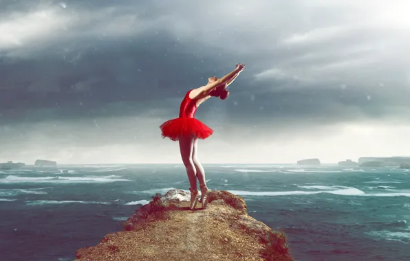 Picture sea, the sky, girl, clouds, pose, overcast, rocks, dance, figure, dress, horizon, bad weather, legs, …