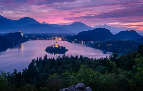 Picture landscape, mountains, nature, lake, the evening, lighting, island, forest, Slovenia, Lake bled, Bled