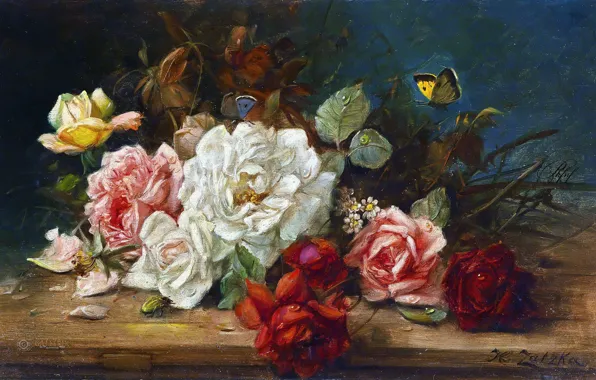 Picture flowers, oil, roses, Hans Zatzka, «Still life with roses»