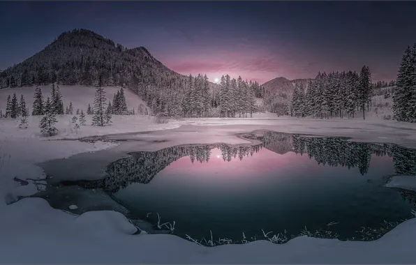 Picture winter, forest, snow, mountains, lake, reflection, the evening, ate, panorama, pond