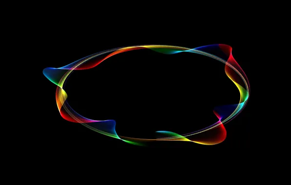 Picture line, abstraction, black background, oval, the colors of the rainbow, neon glow, bends lines