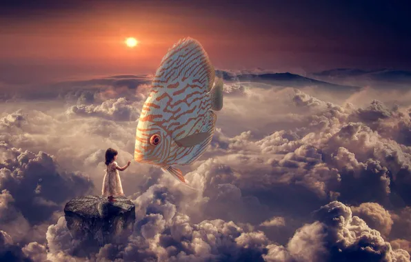 Picture clouds, fish, girl