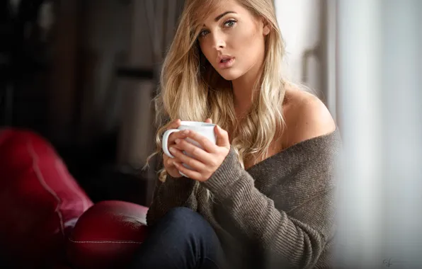 Picture look, pose, room, model, portrait, jeans, makeup, hairstyle, blonde, Cup, beauty, jacket, sitting, bokeh, window, …