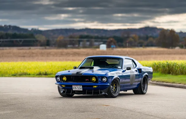 Picture Ford, Road, Grass, 1969, Lights, Ford Mustang, Muscle car, Mach 1, Classic car, Sports car, …