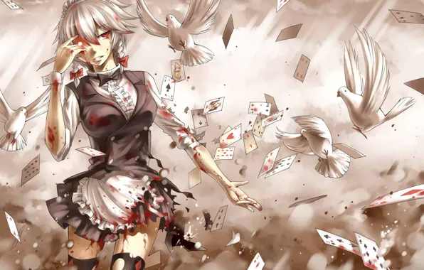 Picture pigeons, the maid, torn clothes, Izayoi Sakuya, burning eyes, blood spatter, Touhou Project, playing cards, …