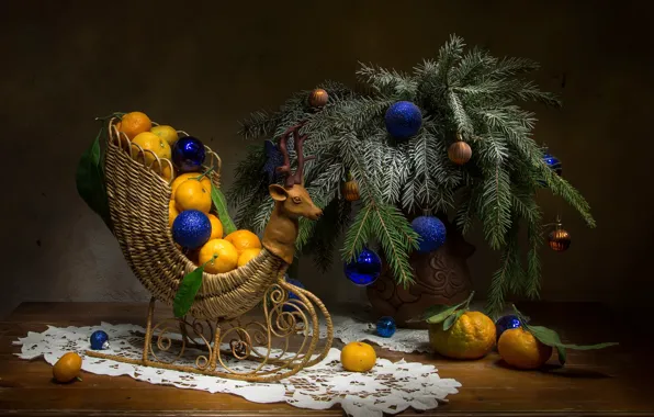 Picture balls, balls, Christmas, New year, still life, sleigh, tangerines, spruce branches, Татьяна Феденкова
