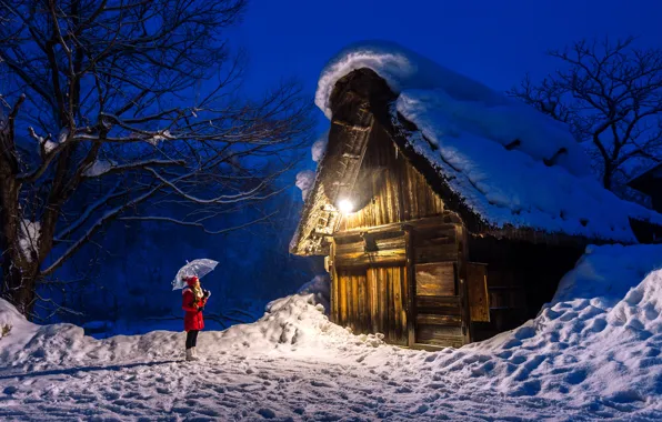 Picture winter, girl, snow, trees, night, umbrella, house, girl, hut, trees, landscape, umbrella, winter, snow, hut