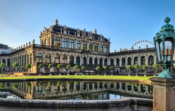 Picture trees, pond, Park, Germany, Dresden, lantern, Germany, Palace, Dresden, Kennel, Zwinger