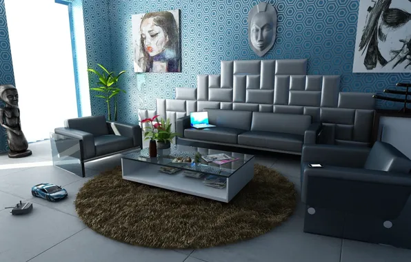 Picture room, sofa, toy, furniture, interior, carpet, chairs, pictures, table, living room