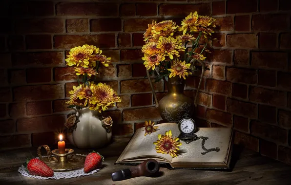 Picture flowers, berries, the dark background, candle, bouquet, yellow, strawberry, book, bricks, still life, items, chrysanthemum, …
