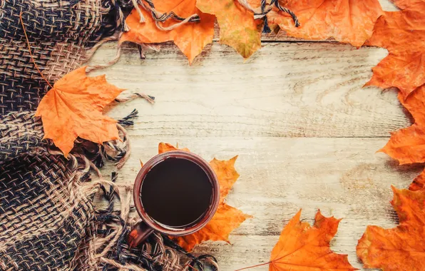 Picture autumn, leaves, plaid, wood, autumn, leaves, coffee cup, a Cup of coffee