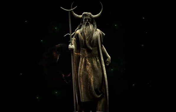 Picture Statue, Horns, Staff, Black background, Veles, Slavic God, Sasha, Gregerman, Cattle God