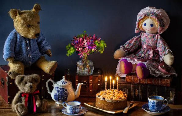 Picture flowers, style, toys, books, doll, bears, the tea party, cake, still life, bears, a bunch, …