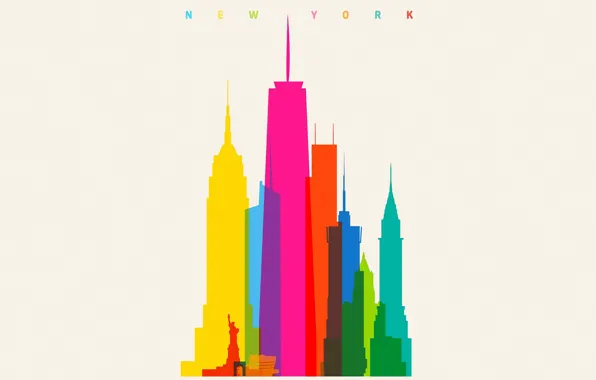 Picture colorful, USA, minimalism, New York, Empire State Building, digital art, artwork, Statue of Liberty, skyscrapers, …