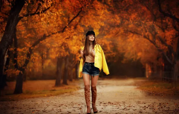 Picture autumn, trees, model, shorts, Girl, boots, Xenia, Dmitry Arhar, Anastasia Barmina