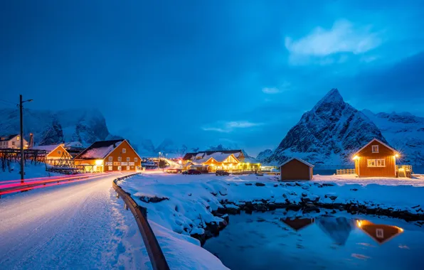 Picture winter, lights, the evening, Norway, Lofoten
