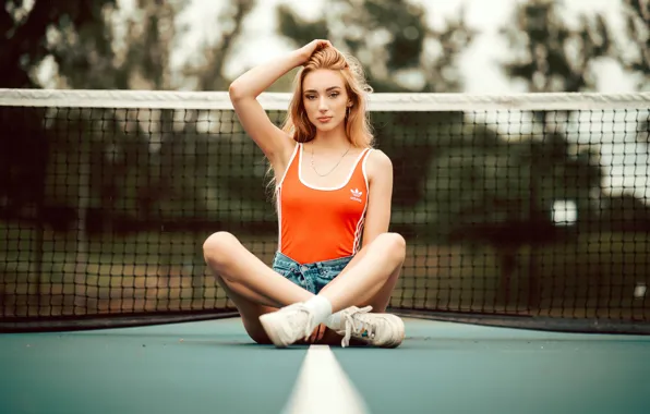 Picture look, pose, mesh, model, shorts, portrait, makeup, Mike, hairstyle, beauty, sitting, sneakers, tennis, bokeh, Rus
