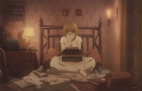 Picture glasses, typewriter, pajamas, on the bed, chest, in the room, table lamp, Violet Evergarden, by …