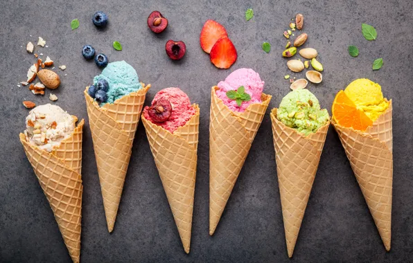 Picture berries, colorful, ice cream, fruit, nuts, horn, fruit, berries, ice cream, cone