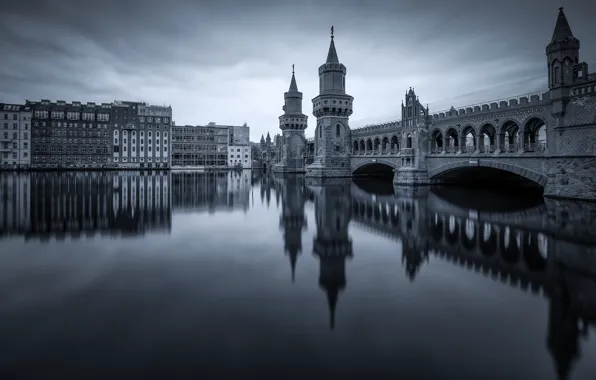 Picture bridge, the city, reflection, river, building, Germany, tower, arch, monochrome, Berlin