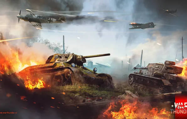 Picture fire, dirt, tank, T-34, War Thunder, The battle for Stalingrad