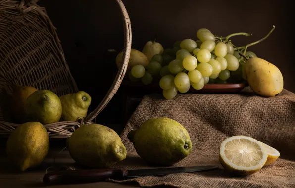 Picture basket, grapes, knife, still life, pear, burlap, lemons
