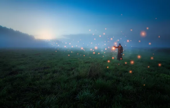 Picture field, fog, people, mystic, field, fog, man, mysticism
