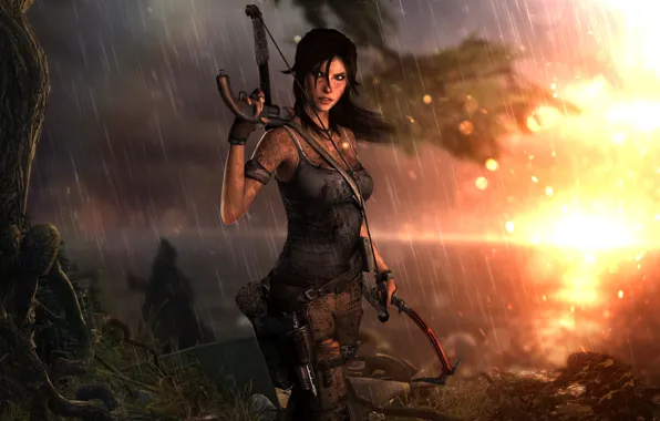 Picture Girl, Rain, Dirt, Bow, Weapons, Square Enix, Game, Lara Croft, Ice pick, Tomb Raider 2013