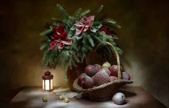 Picture balls, flowers, branches, holiday, balls, apples, Christmas, spruce, lantern, vase, fruit, still life, basket, napkin, …