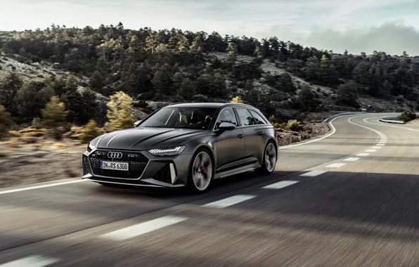 Picture trees, Audi, hills, speed, universal, RS 6, 2020, 2019, dark gray, V8 Twin-Turbo, RS6 Avant