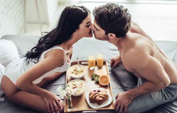 Picture love, kiss, couple, breakfast