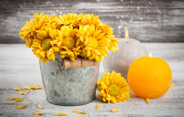 Picture bouquet, candles, yellow, bucket, composition, Chrysanthemum