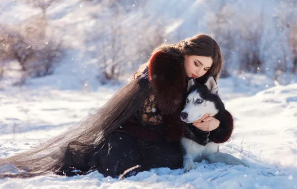 Picture winter, girl, snow, pose, dog, friends, husky, hugs, Julia Tagashova, Katerina Prikhodko