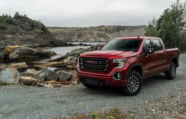 Picture red, pickup, pond, GMC, Sierra, AT4, 2019
