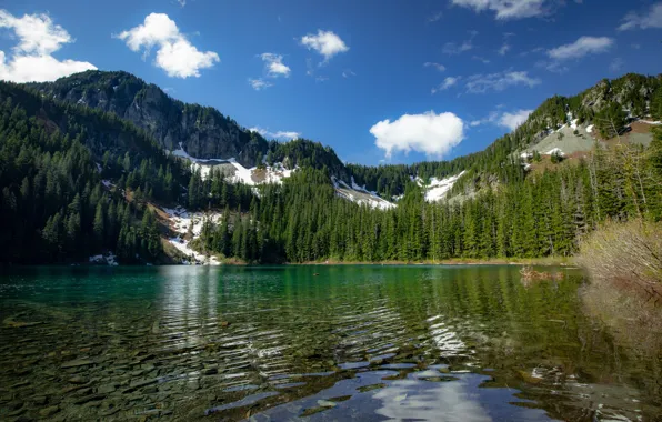 Picture forest, mountains, lake, The cascade mountains, Washington State, Cascade Range, Washington, Lake Annette, Annette Lake