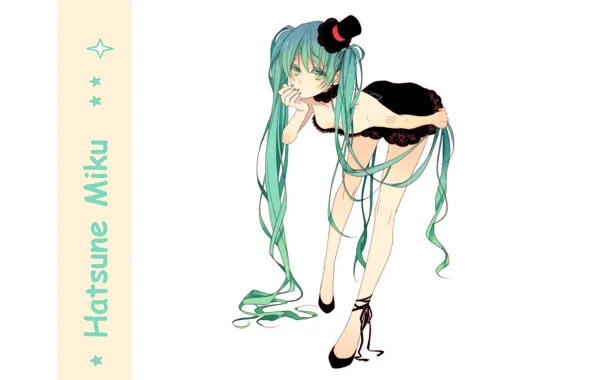 Picture white background, hat, vocaloid, black dress, Hatsune Miku, long hair, long legs, two tails, bent, …