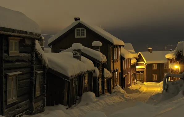 Picture winter, snow, night, village, Norway, the snow, cozy, Røros
