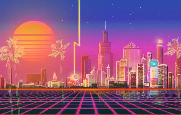 Picture The sun, Music, The city, Style, Background, City, 80s, Style, Neon, Illustration, 80's, Synth, Retrowave, …