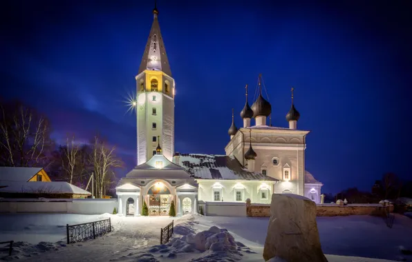 Picture winter, snow, landscape, night, lighting, backlight, the bell tower, Church Of The Resurrection