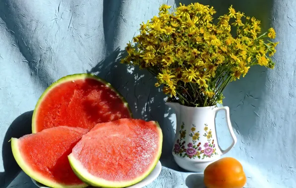 Picture watermelon, vase, flowers